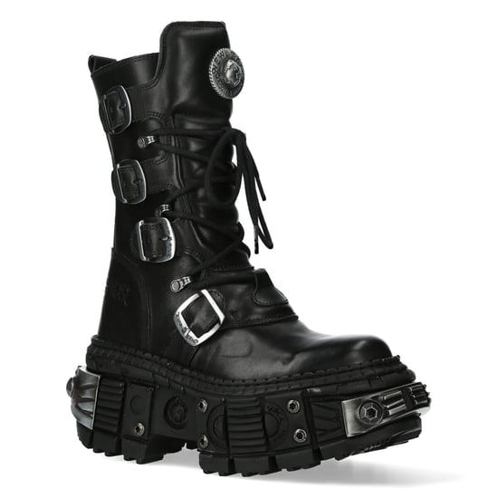 New Rock Black Mid Calf Leather Goth Boots-WALL1473-S11
