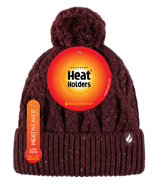 Gorro de mujer con forma de pompón | Calentador | Gorro de punto grueso y cálido con forro polar Heatweaver | Estilo Salzburgo - Vino - Image 2