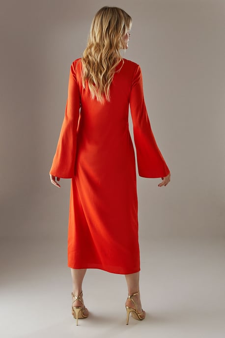 Crinkle Satin Ruched Front Column Midi Dress