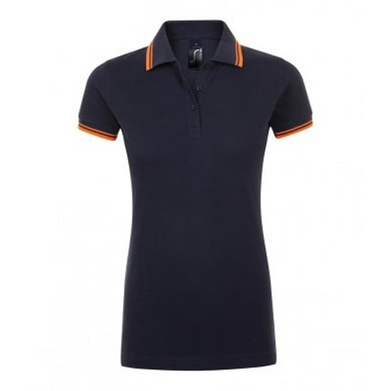 SOLS Womens/Ladies Pasadena Tipped Short Sleeve Pique Polo Shirt (French Navy/Neon Orange) - Image 1