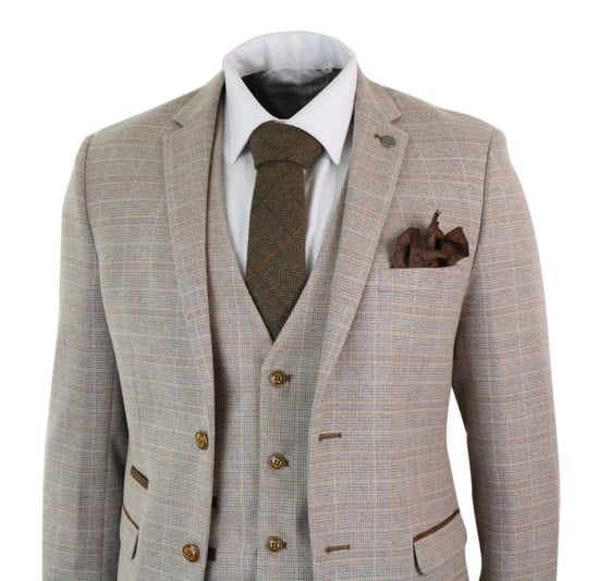 Traje retro vintage de tweed beige a cuadros para hombre de 3 piezas - Image 5