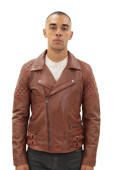Chaqueta de motociclista de cuero acolchado para hombre, color burdeos - Image 1