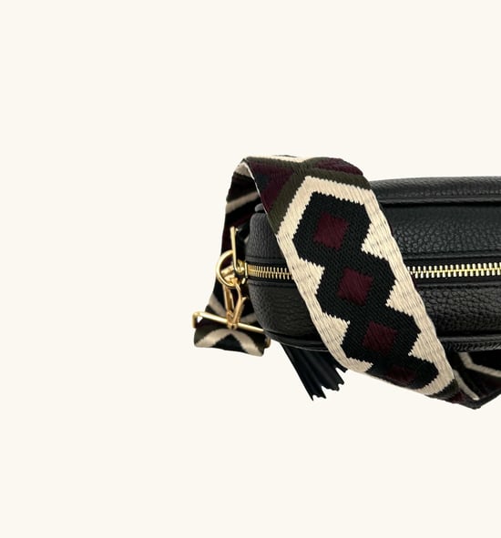Black Leather Crossbody Bag With Port & Olive Diamond Strap