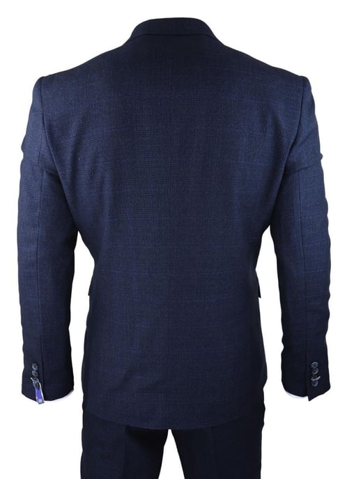 Traje clásico retro de tweed a cuadros azul marino de 3 piezas para hombre - Image 3