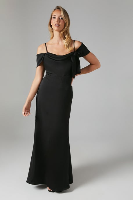 Draped Bardot Tie Detail Satin Bridesmaids Maxi Dress