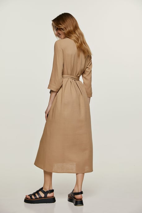 Vestido midi estilo lino beige con cinturón - Image 3