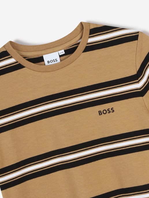 BOSS Boys Striped Logo T-Shirt in Brown