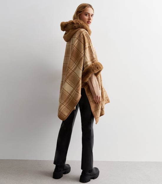 Fur Trim Check Longline Cape - Image 4