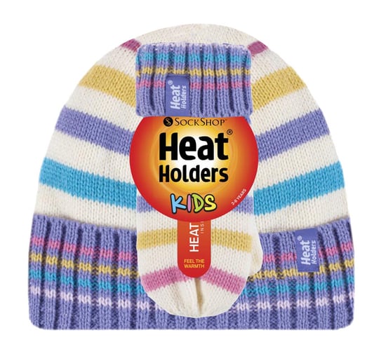 Heat Holders - Juego de gorro y manoplas térmicas de invierno para niñas con forro polar de punto a rayas de colores - CS2P11 - Image 2