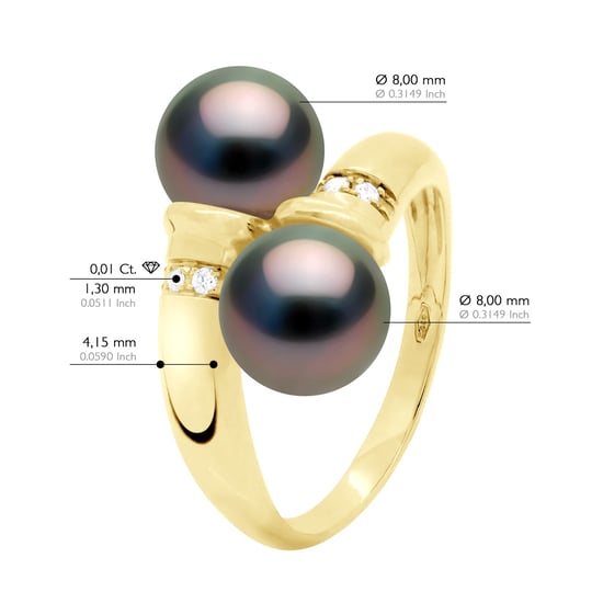 Ring You & Me Diamonds 0,06 Cts 2 Real Cultured Tahiti Pearls Round 8-9 mm - Yellow Gold - Image 2