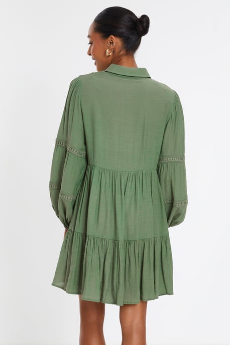 Khaki Crochet Mini Shirt Dress - Image 3