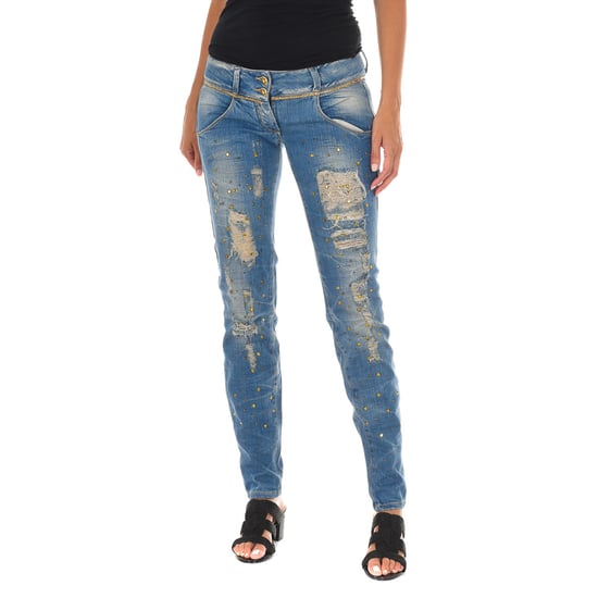 Pantalon Tejano Largo efecto gastado y roto 10DB50128 mujer - Image 1