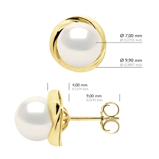 Earrings Yellow Gold - Real Cultured Freshwater Pearls Round 7-8 mm - Image 2
