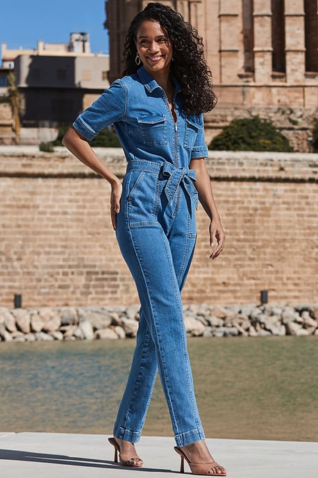Mid Blue Denim Tie Waist Utility Jumpsuit