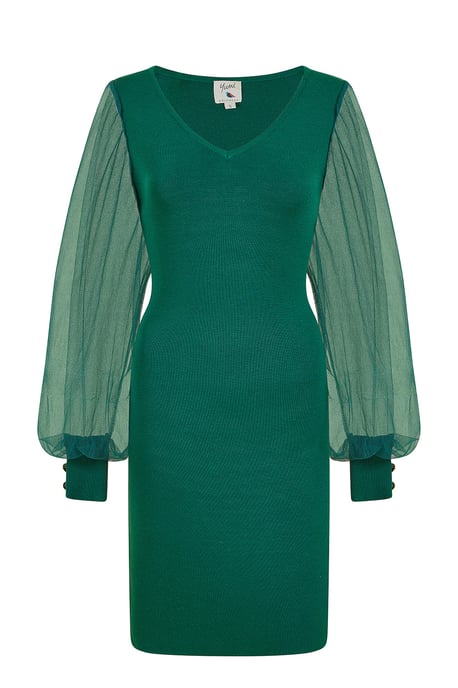 Green Knitted Body Con Dress With Chiffon Sleeve