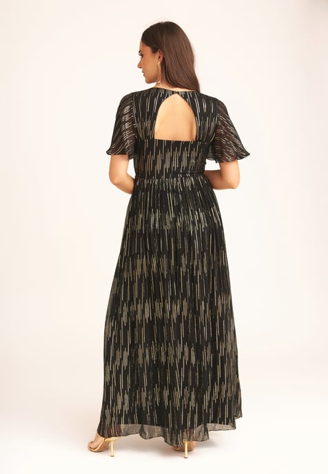 Vestido Maxi con Mangas de Ángel de Rayas y Laminado - Image 4