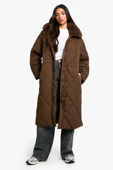 Premium Faux Fur Trim Quilted Maxi Parka - Image 3