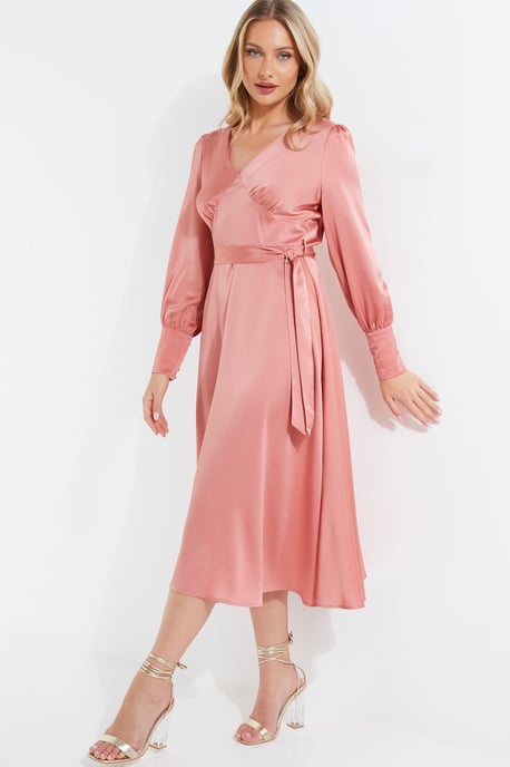 Pink Satin Long Sleeve Wrap Midi Dress