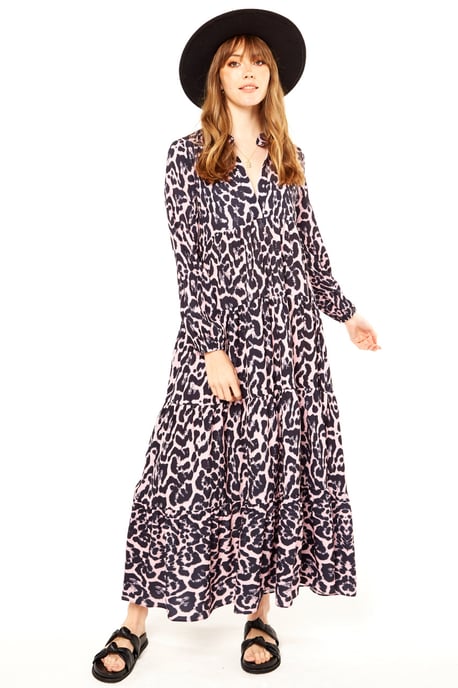 Pink Animal Print Tiered Maxi Dress