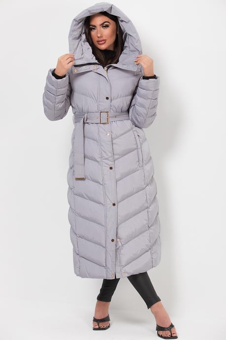 Jess Women’s Long Puffer Coat with Belt & Hood