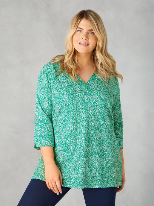 Green Ditsy Leaf Cotton Slub Relaxed Tunic