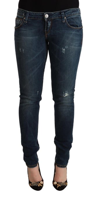 Jeans de mezclilla de corte slim fit de cintura baja para mujer Acht en azul desgastado - Image 1