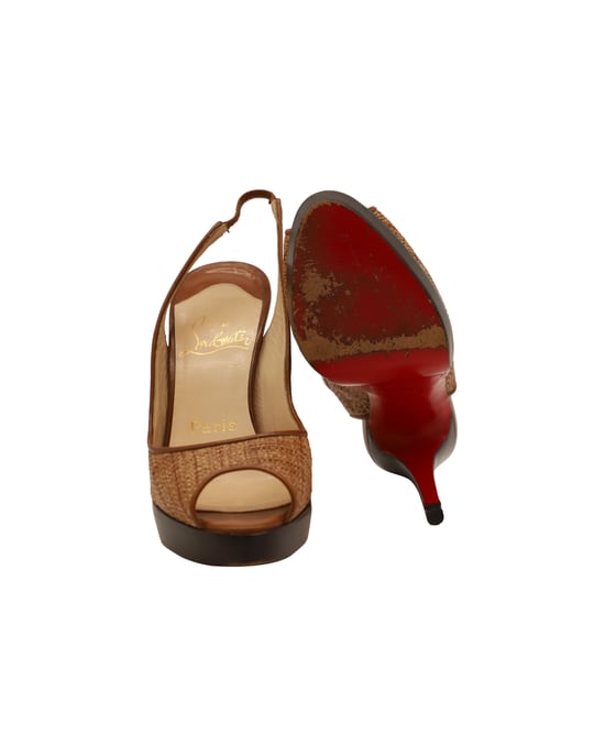 Christian Louboutin Slingback Peeptoe Pump Shoes in Brown Raffia - Image 5