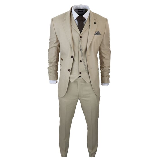 Traje de tres piezas de cuadros Príncipe de Gales color crema para hombre - Image 1