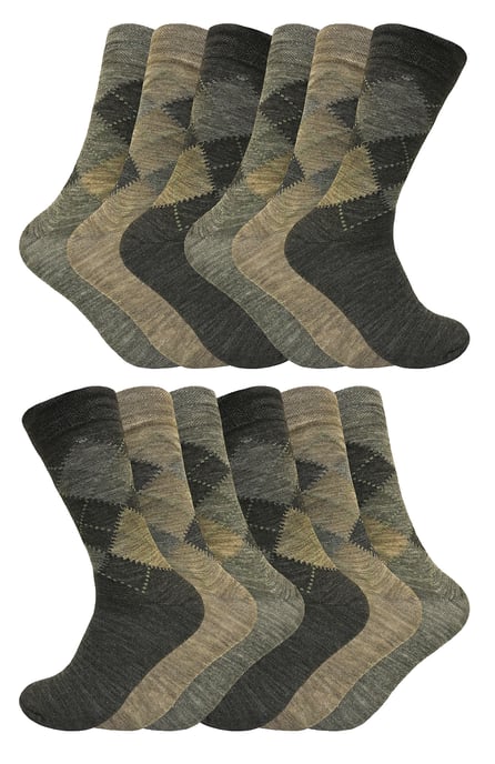 12 Pair Multipack Mens Lambswool Socks | Sock Snob | Thin and Soft Honeycomb Top Argyle Patterned Socks - Brown - Image 1