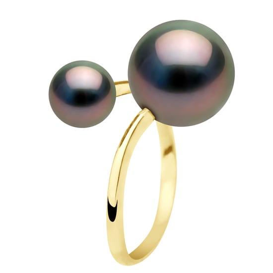 Ring Duo - Yellow Gold - 2 Real Cultured Tahiti Pearls Round 7-8 and 11-12 mm - Image 1