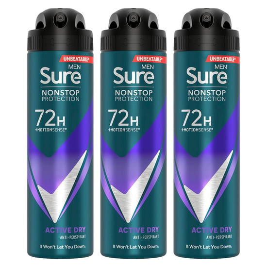 Sure Men Nonstop Protection 72H Anti-Perspirant Deodorant Active Dry 150ml, 3pk