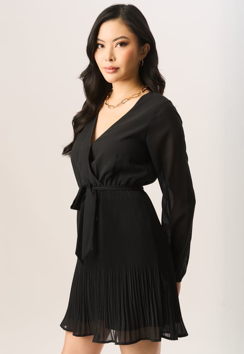 Pleated Long Sleeve Wrap Mini Dress