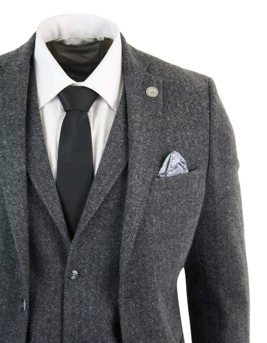 Traje de tweed de espiga gris carbón de tres piezas para hombre - Image 5