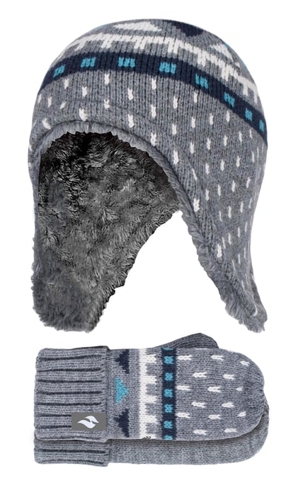 Calentadores - Niños al aire libre de imitación de piel Pom Pom Sombrero con orejeras y guantes Mittens - Pebble Melange - Image 1