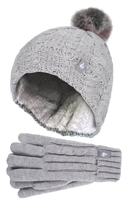 Heat Holders - Set de gorro y guantes para niña - Gorro con puño vuelto y guantes de punto estilo cable - Frost Grey Melange - Image 1