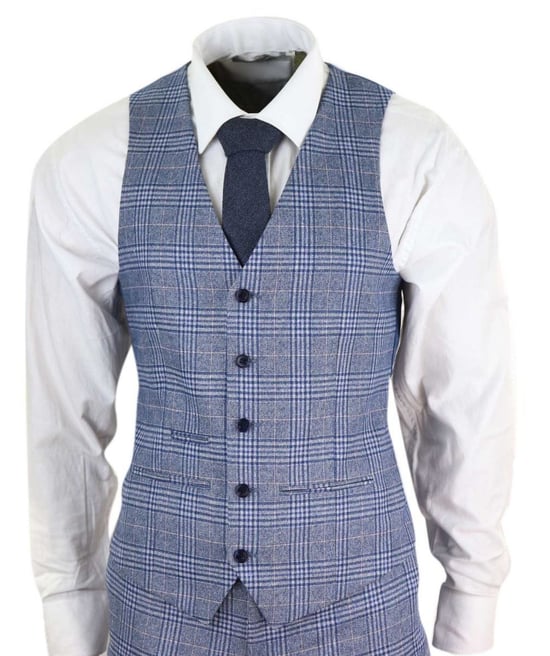 Traje retro vintage de tweed azul y gris de 3 piezas para hombre - Image 2