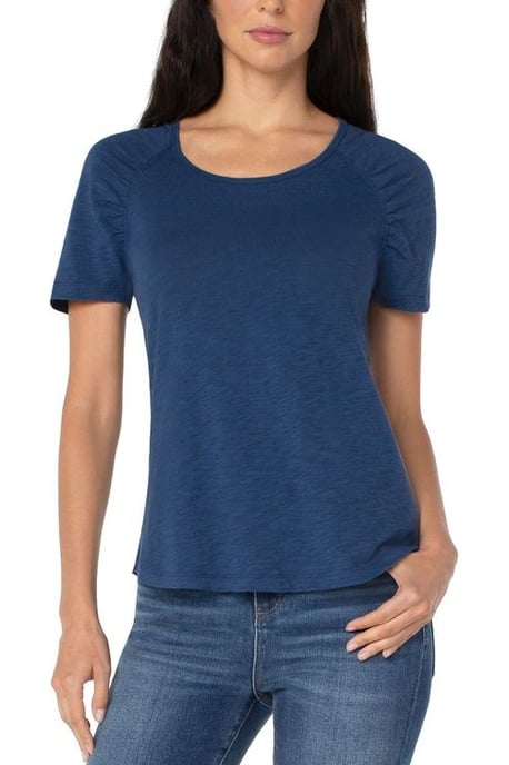 Shirred Short Sleeve Slub Knit Tee Night Sky Blue