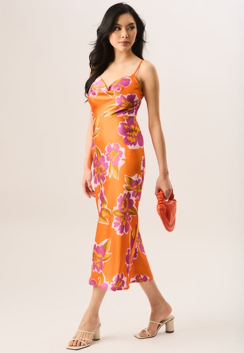 Floral Print Cowl Neck Slip Midi Dress