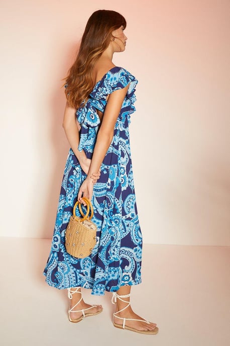 Embellished Paisley Floral Ruffle Midi Dress
