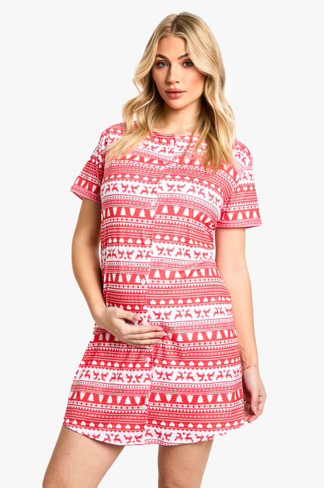 Maternity Christmas Fairaisle Print 2 Pack Peached Button Down Nightie - Image 1