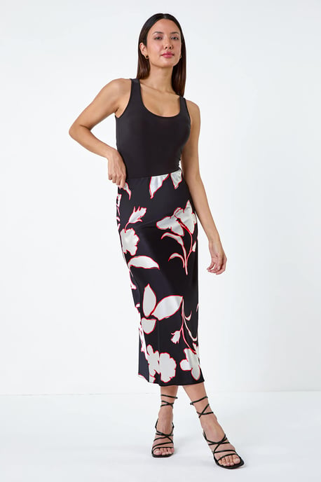 Floral Satin Elastic Waist A Line Midi Skirt