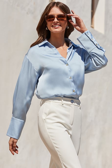 Powder Blue Luxe Satin Longline Shirt