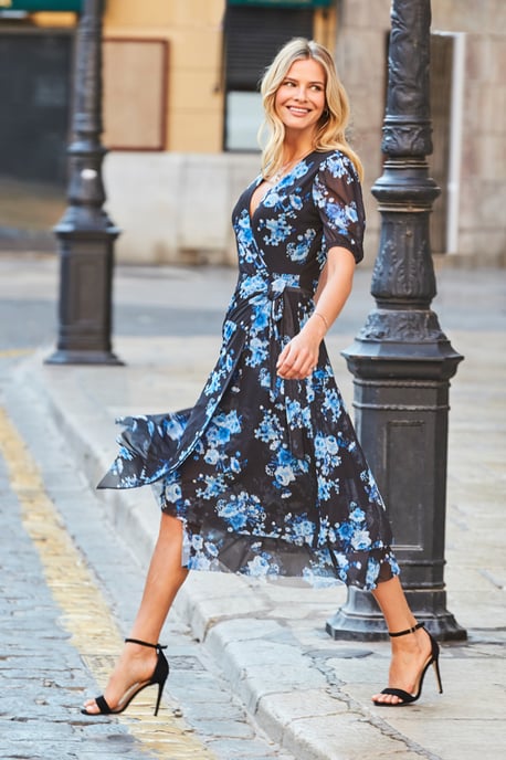 Black & Blue Floral Print Mesh Wrap Jersey Dress