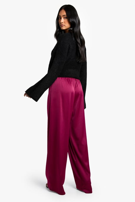 Satin Drawstring Waist Wide Leg Trousers