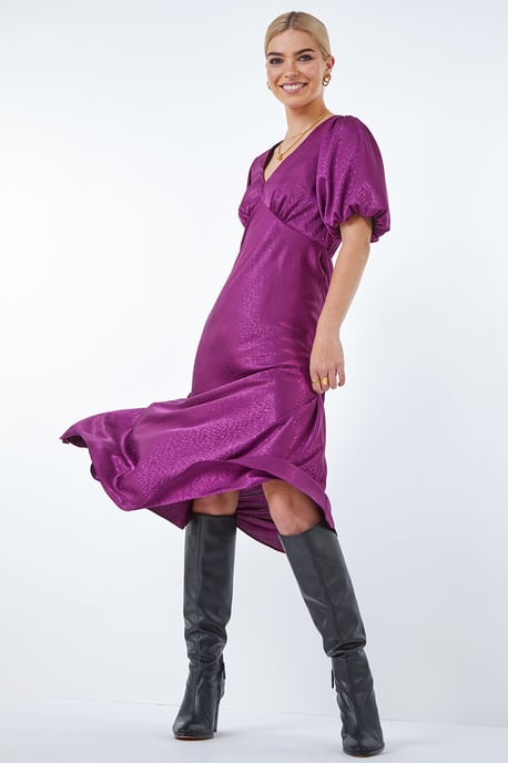 Puff Sleeve Satin Midi Dress