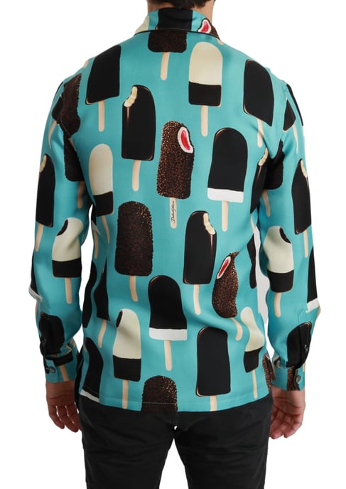 Camisa Casual para Hombre de Seda Azul con Estampado de Helado de Dolce & Gabbana - Image 2