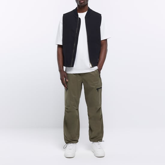 River Island Mens Cargo Trousers Khaki Regular Fit Zip Pocket Pants
