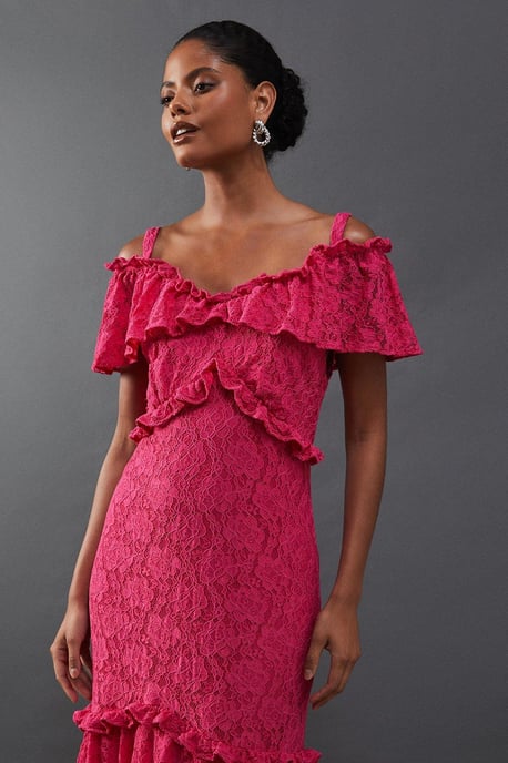 Corded Lace Ruffle Fallen Shoulder Midi Dress