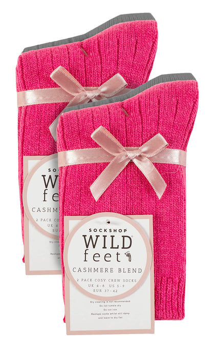 Paquete de 4 calcetines de lana de cachemira para mujer | Wildfeet | Calcetines de lana acanalados - Rosa/Gris - Image 2