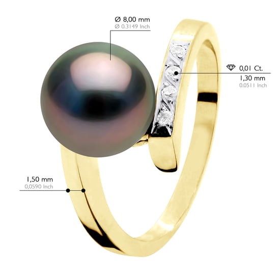 Ring Jewelry Diamond 0,04 Cts Yellow Gold - Real Cultured Tahiti Pearl Round 8-9 mm - Image 2